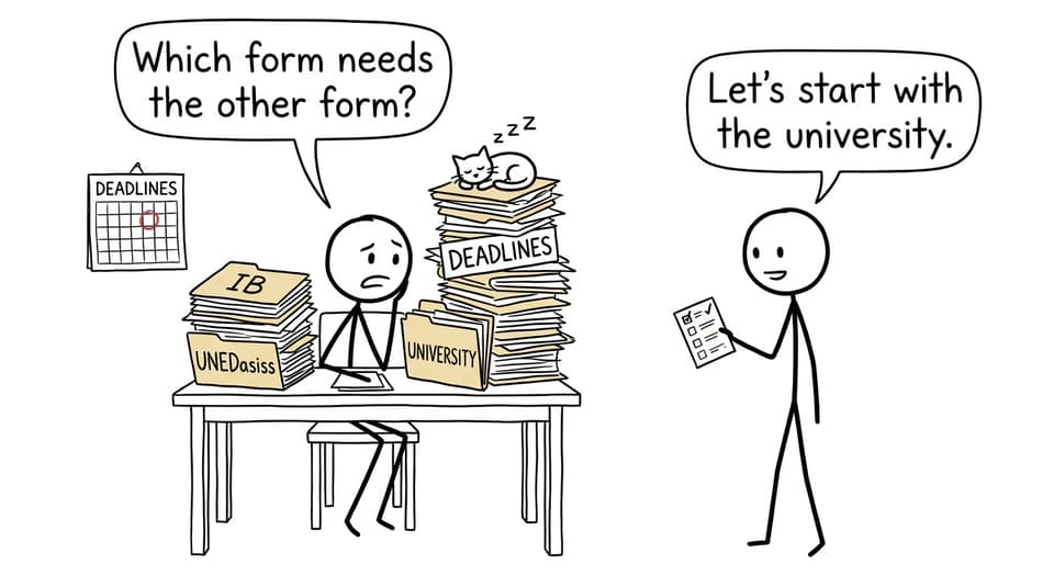 A parent and student calmly untangle university paperwork