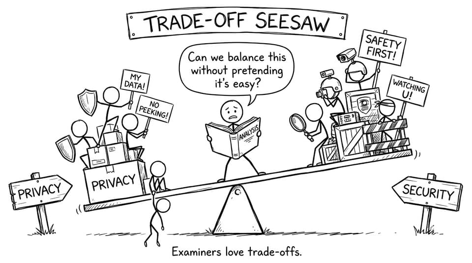 Seesaw labeled Privacy and Security with a student holding Analysis