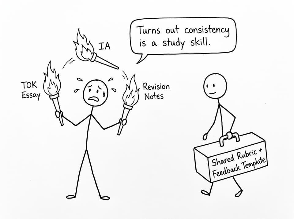Student juggling tasks while teacher offers a rubric toolbox