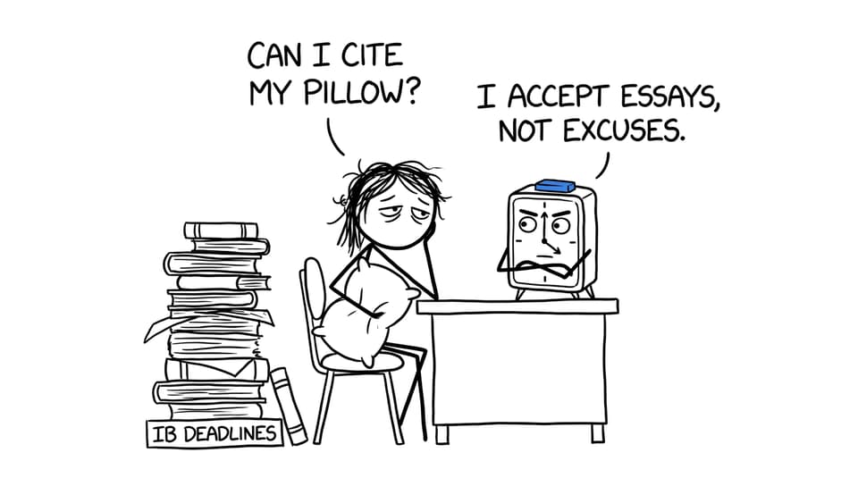 Comic about an IB student negotiating bedtime with an alarm clock