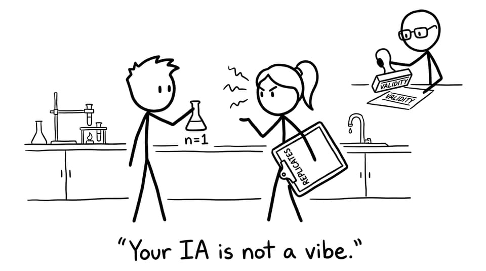 Two students argue about replicates while a teacher stamps “validity”
