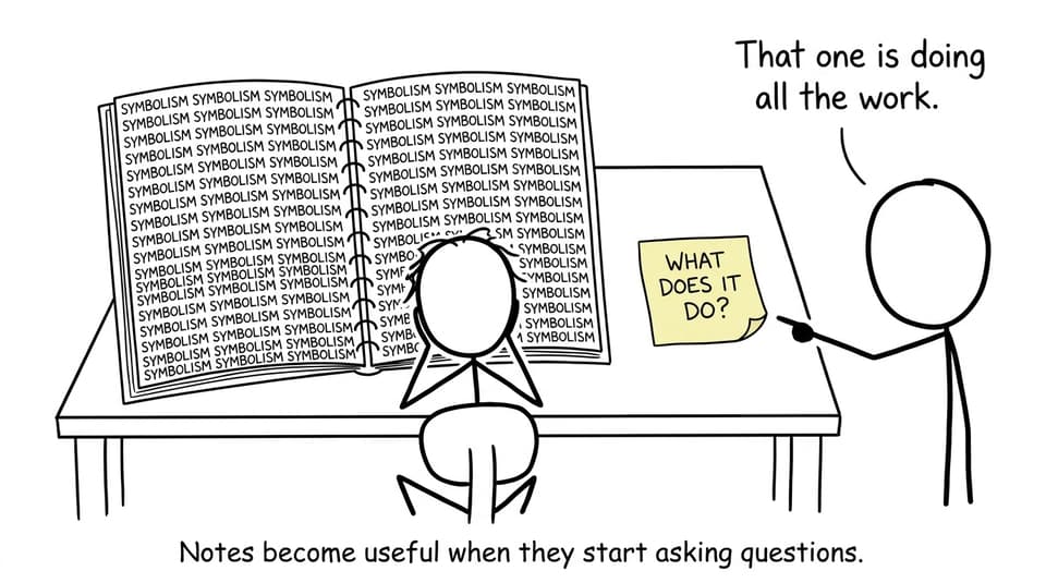 Comic showing a student discovering that useful notes ask analytical questions