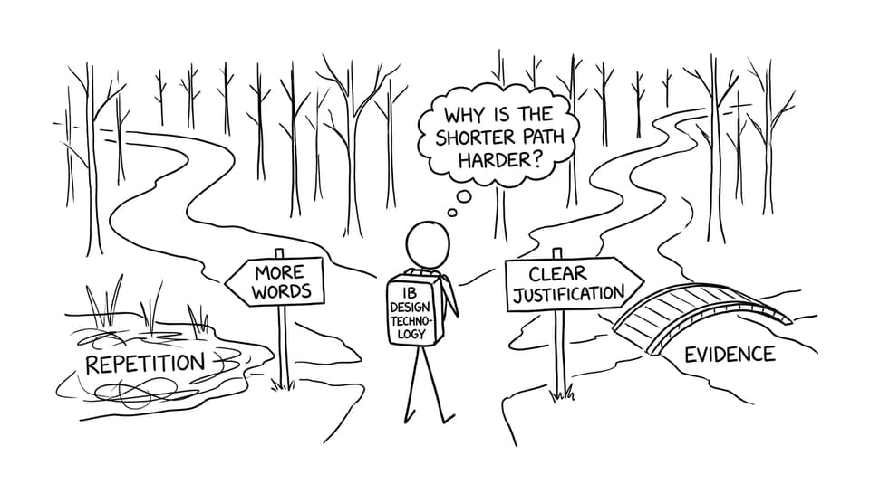 Two paths: “More words” leads to “Repetition” swamp; “Clear justification” leads to “Evidence” bridge