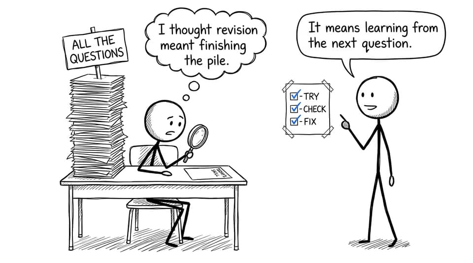 XKCD-style comic about learning from one MYP practice question