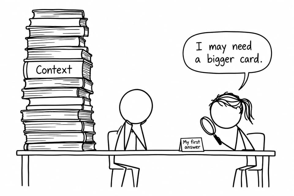 Two students reconsider a small answer after discovering a large stack of context