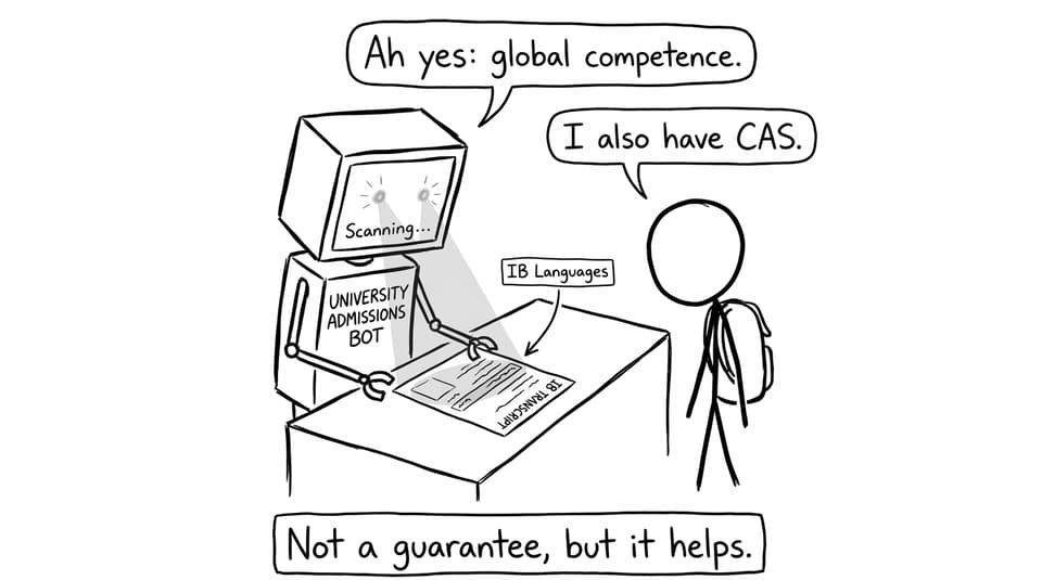 Comic: admissions robot scanning transcript