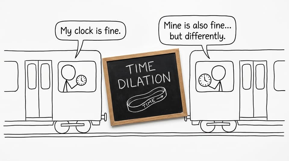 Two trains, two clocks, both correct (somehow)