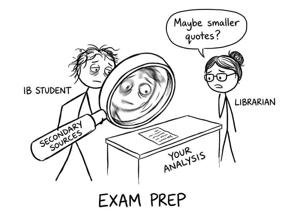 A student magnifying secondary sources over tiny analysis