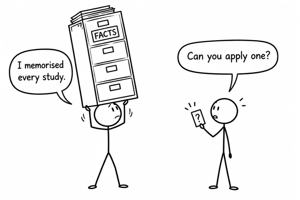Two students compare memorising studies with applying one to an unfamiliar situation