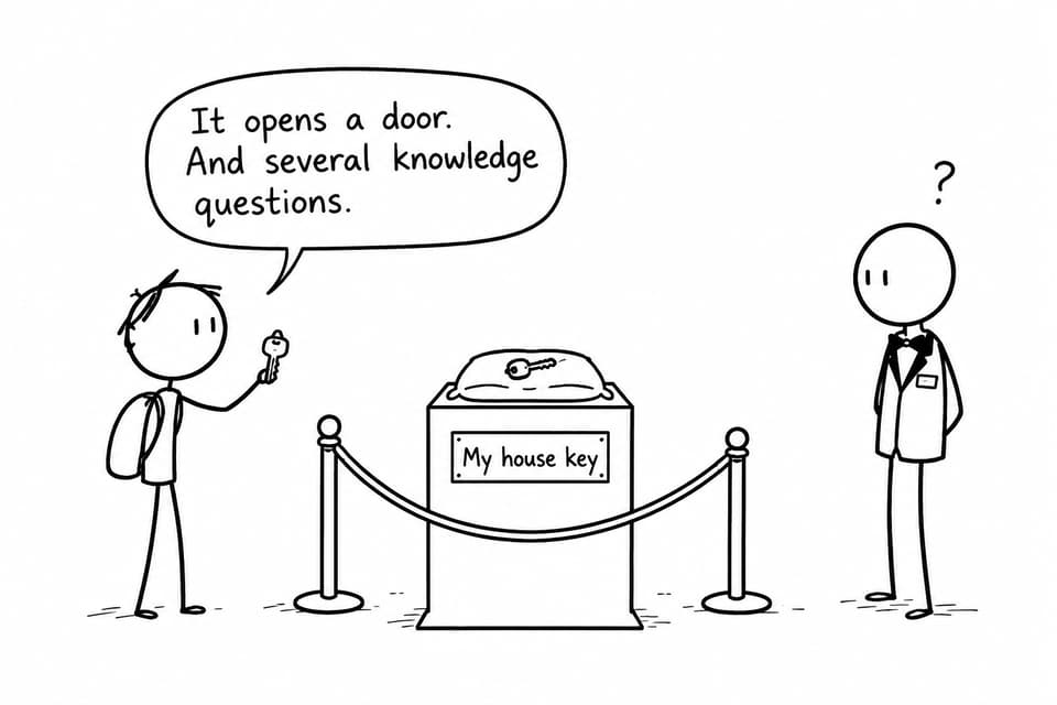 A student presents an ordinary house key as a profound museum exhibit while an attendant looks puzzled