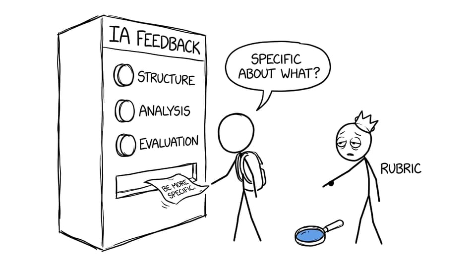 A student receives unhelpfully vague IA feedback from a giant machine