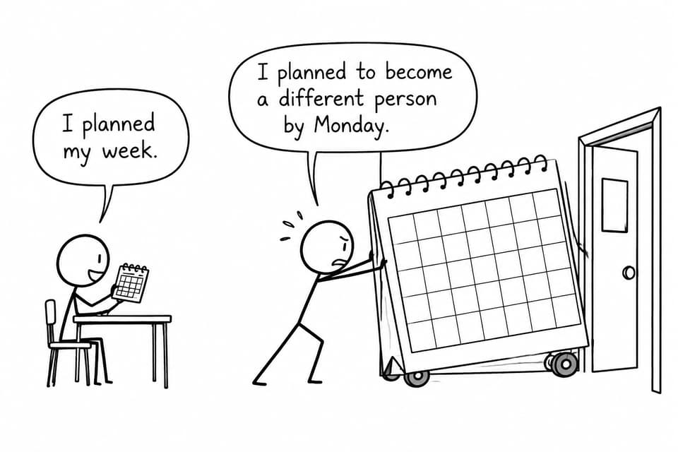 Two students compare a realistic weekly plan with an impossibly oversized calendar