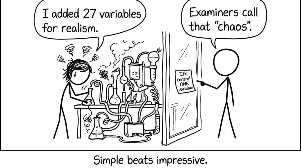 Stick-figure lab chaos with note about controlling one variable