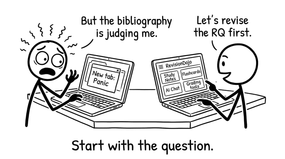 Comic: panic tab vs calm RevisionDojo tools