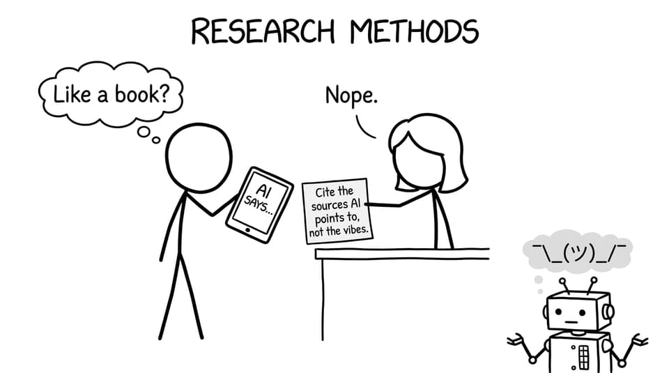 A librarian gives a student a sticky note: “Cite the sources AI points to, not the vibes”
