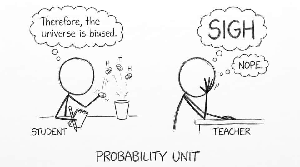 A student declares the universe biased after three coin flips
