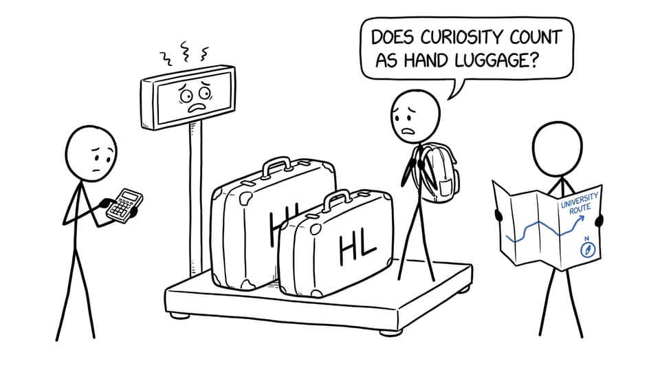A student humorously weighing HL luggage against a university route