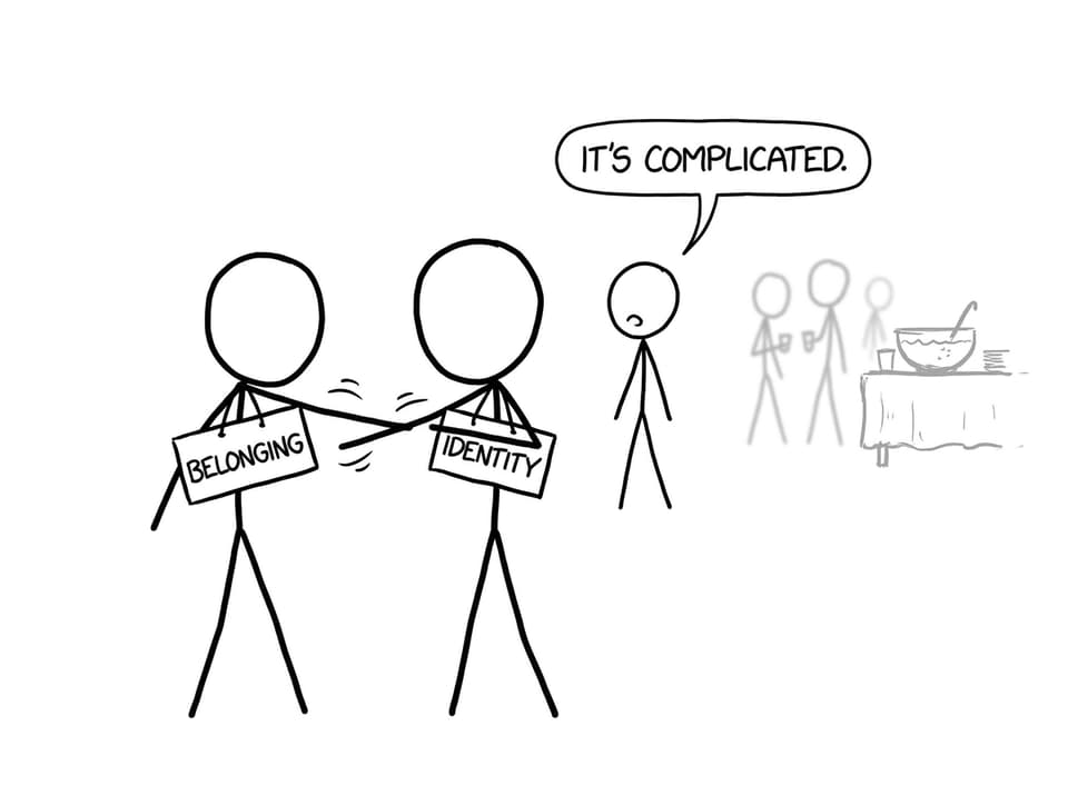 Two characters at a party keep swapping “Identity” and “Belonging” name tags