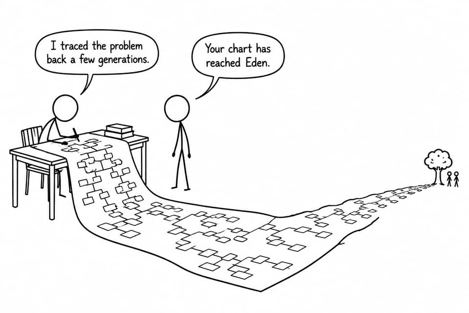 A student follows an enormous family tree back to Eden while explaining that the problem began several generations ago
