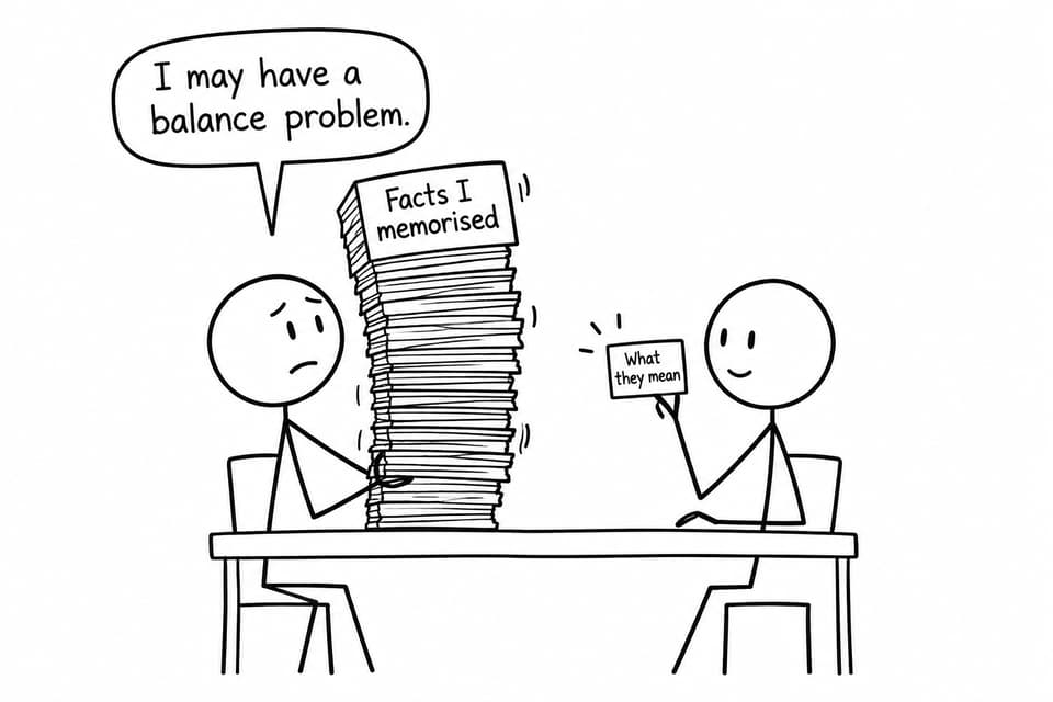 Two students compare a huge stack labelled facts with a tiny card labelled meaning
