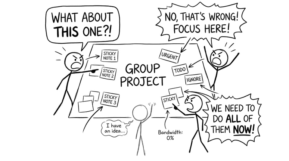 Quiet student raises a tiny hand in a noisy group