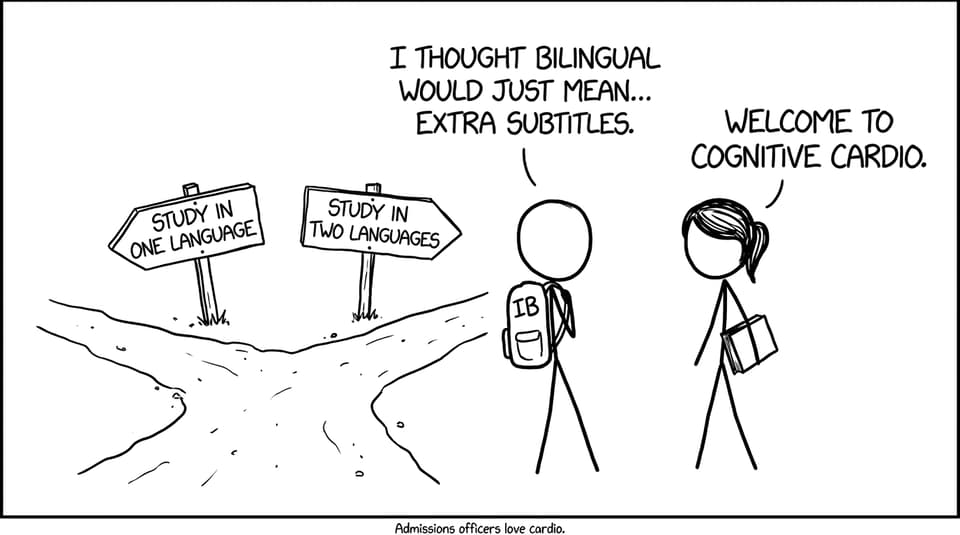 Student at a forked road choosing bilingual