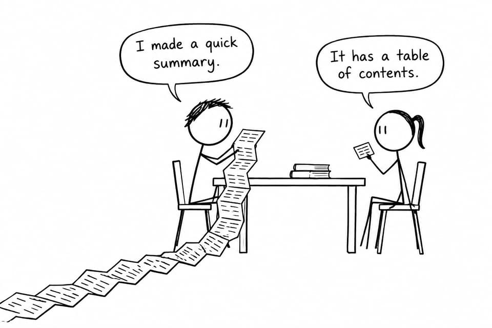 Two students compare a supposedly quick summary with an enormous accordion notebook