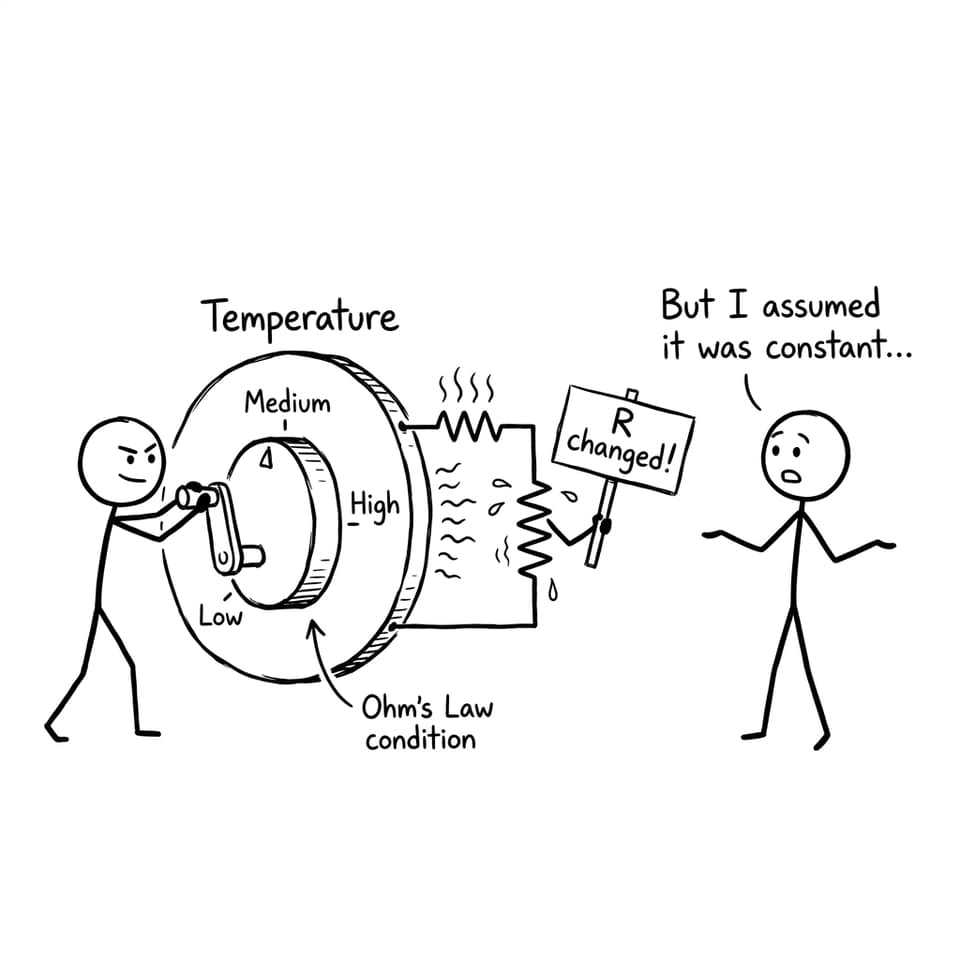 A resistor sweats as temperature changes and R changes too