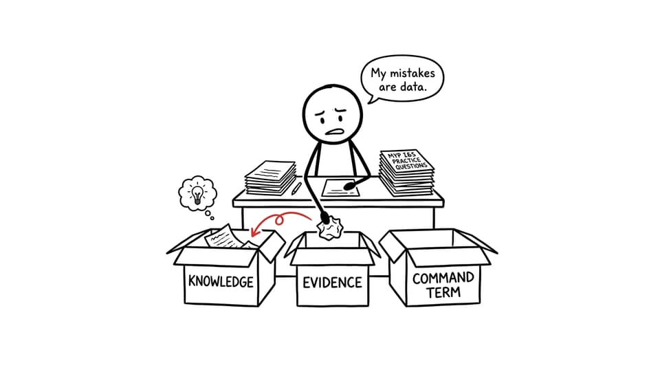 A student sorting mistakes into knowledge, evidence, and command-term boxes