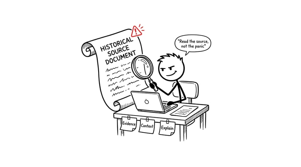 A student calmly analyses a daunting historical source using evidence, context, and explanation