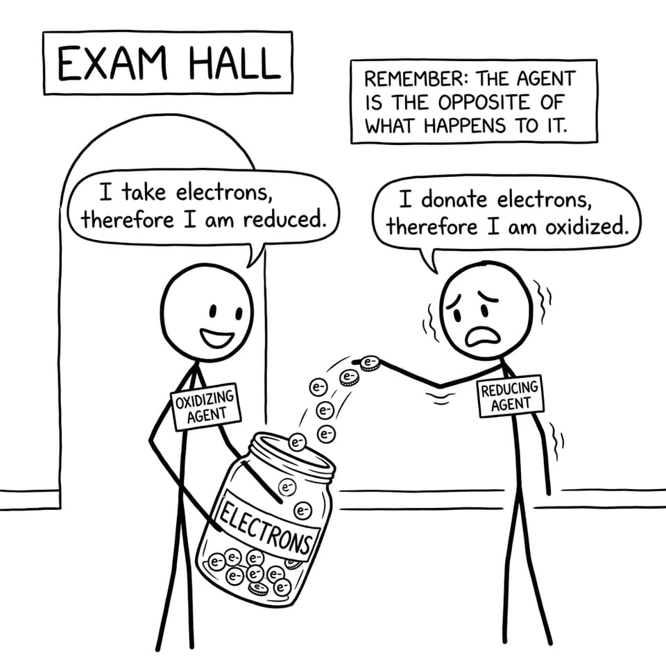 Oxidizing agent collects electrons outside the exam hall