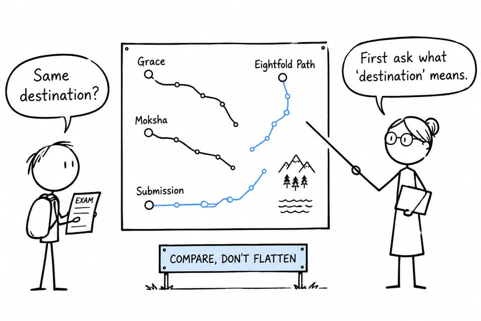 A student asks whether religious paths share the same destination while a teacher suggests examining what destination means