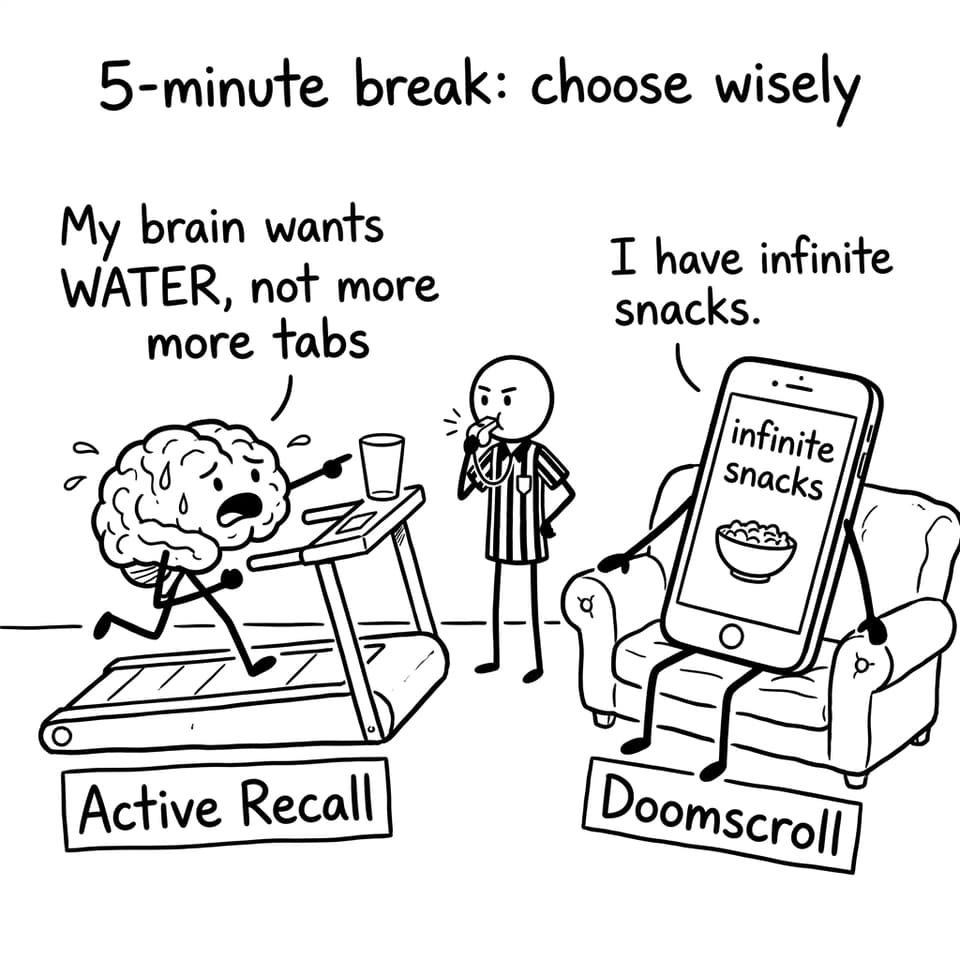 A brain argues with doomscrolling during a break