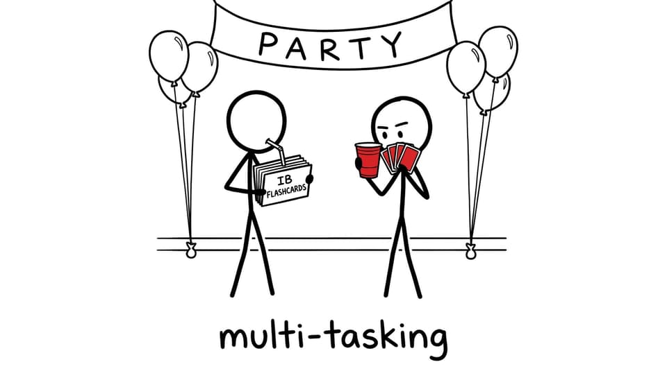 Two IB students at a party swapping flashcards and drinks