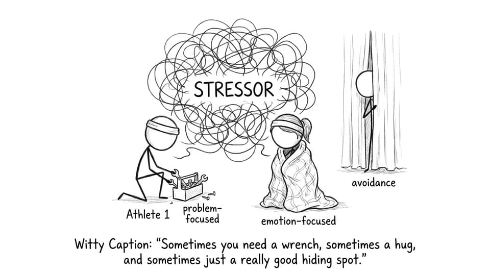 Three athletes respond to a stressor knot with “problem-focused,” “emotion-focused,” and “avoidance.”