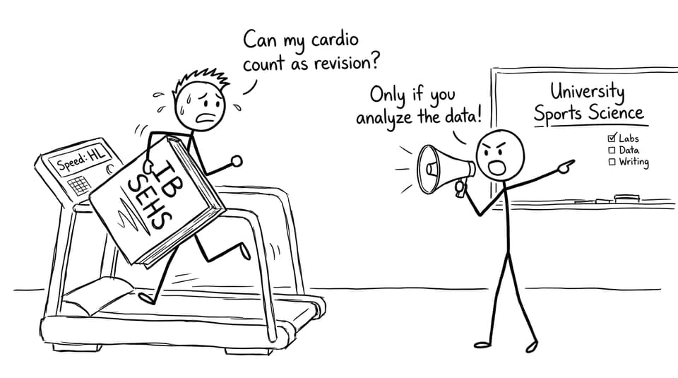 An IB SEHS treadmill joke comic