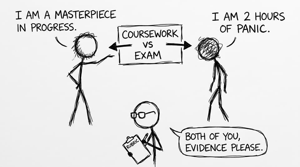 Coursework vs exam argument with rubric clipboard