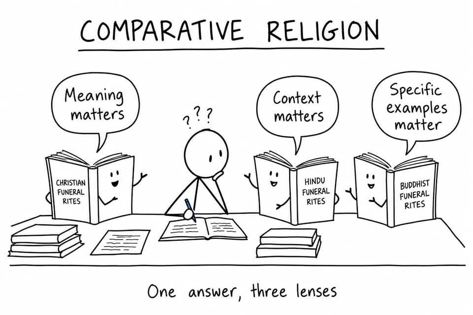 A student compares three books that insist meaning, context, and specific examples all matter
