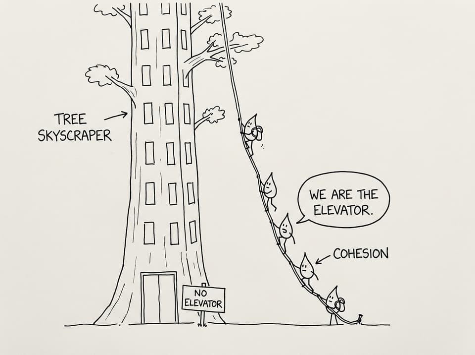 A tree as a skyscraper with "No elevator" and droplets forming the elevator
