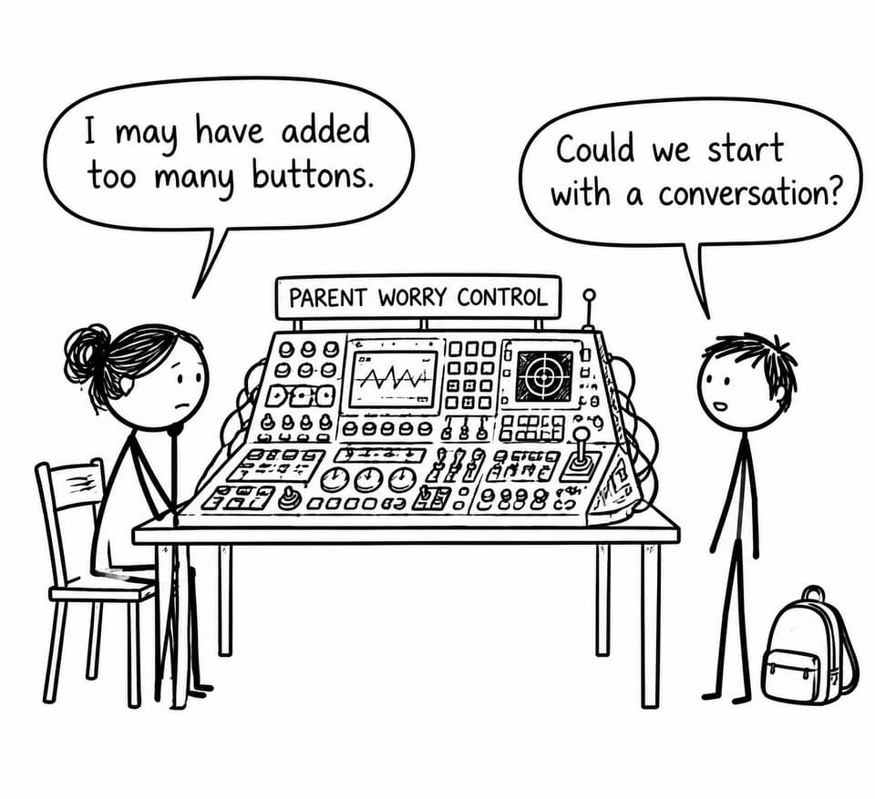 A worried parent considers an elaborate control panel while a student suggests beginning with a conversation