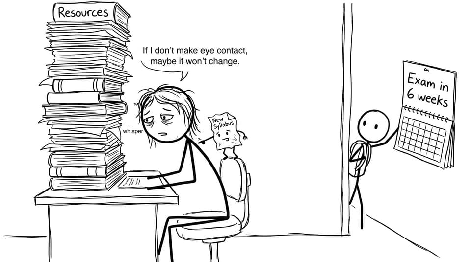 A tired IB Teacher faces a stack of resources while a new syllabus taps them