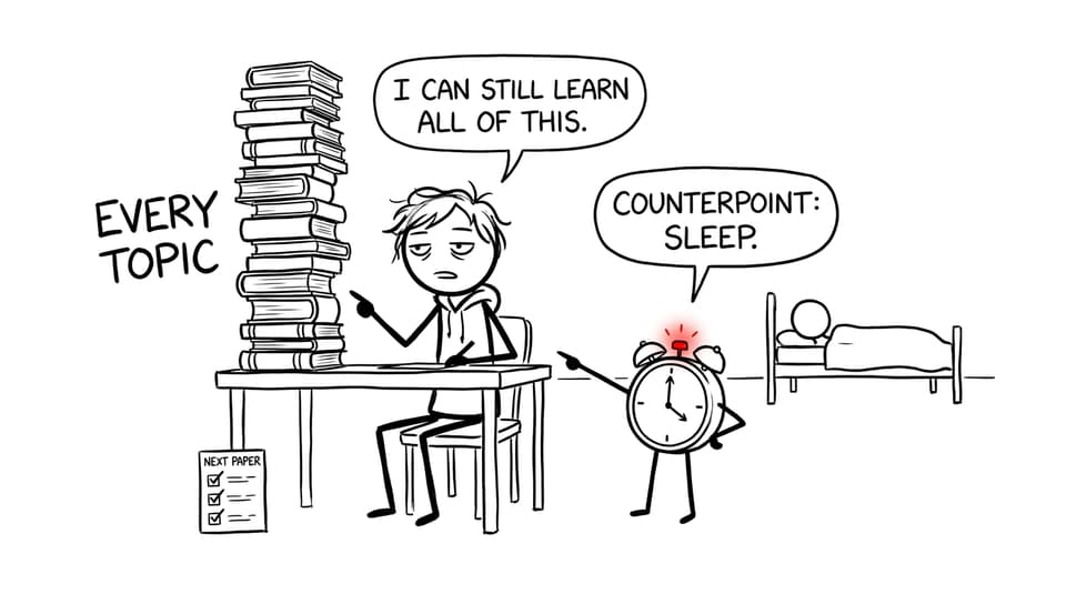 Comic of an IB student choosing between every topic and sleep