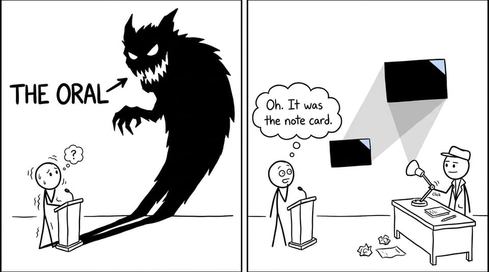 A nervous student's oral assessment shadow turns out to come from a harmless note card