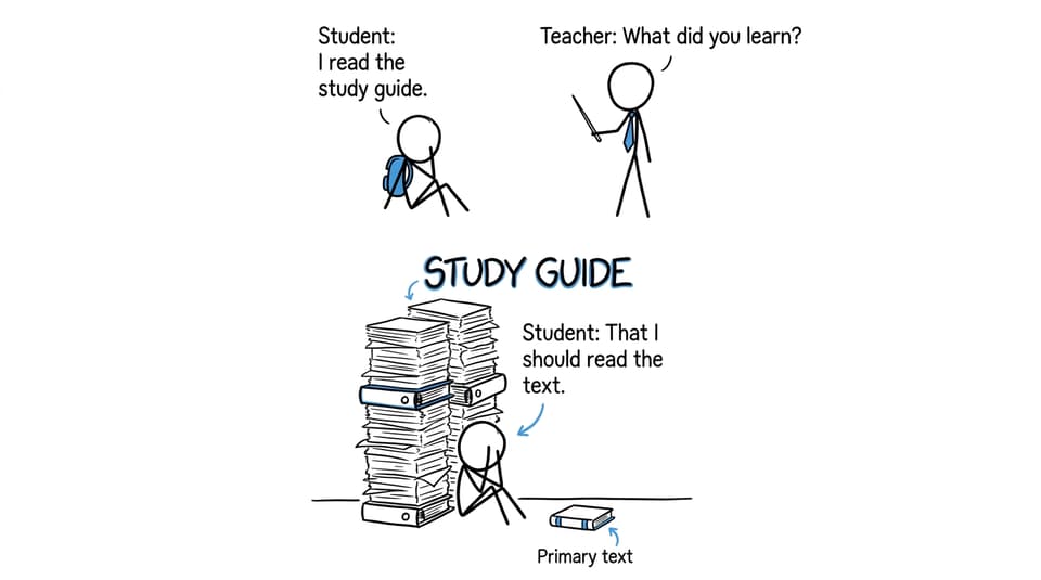 XKCD-style comic about a student reading the guide instead of the assigned text