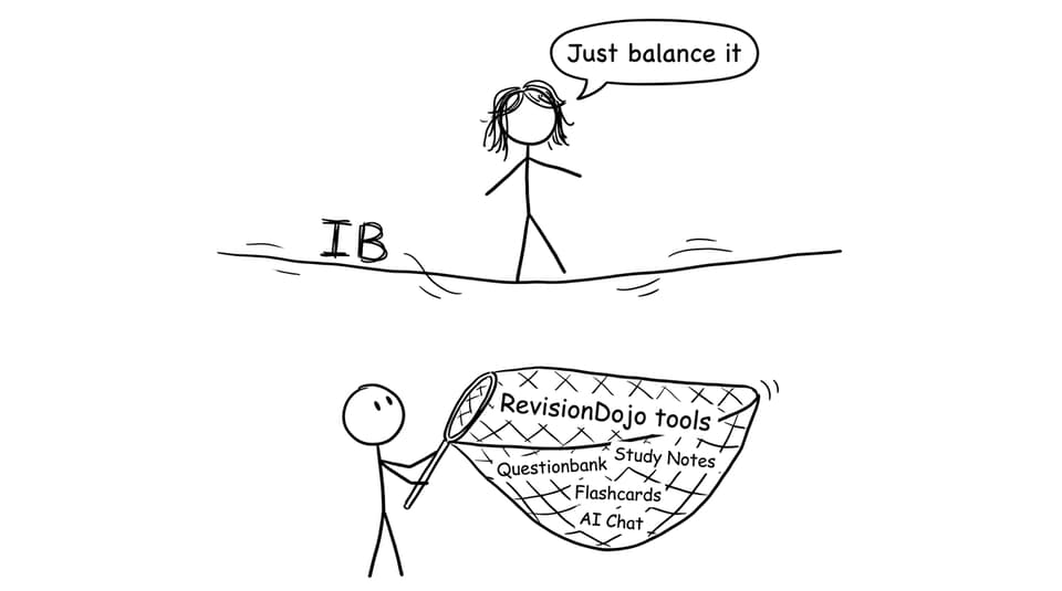 Teacher says “Just balance it” while on a tightrope, student holds safety net labeled RevisionDojo tools