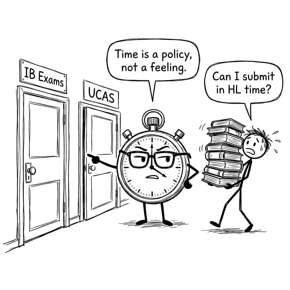 Comic about time pressure with IB Exams and UCAS doors