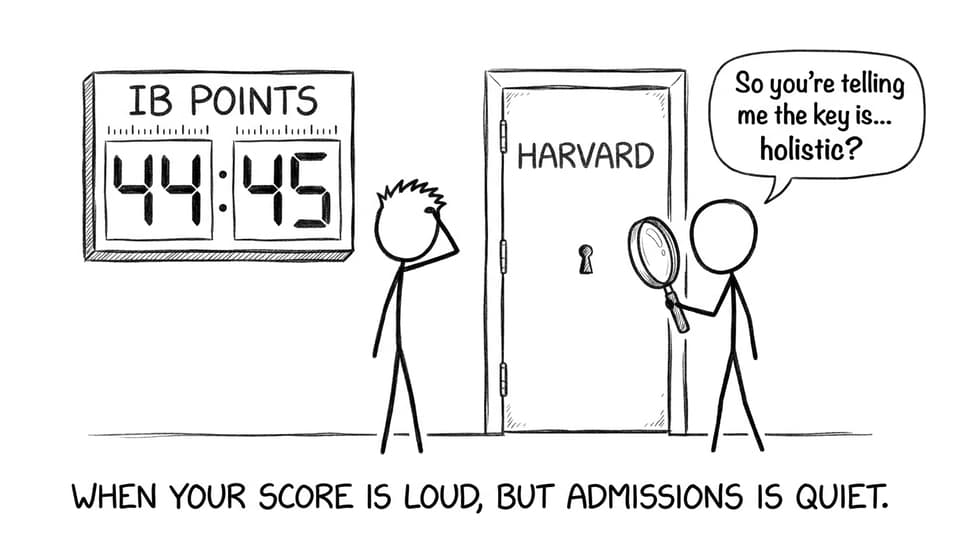 Stick-figure comic about IB points and holistic admissions
