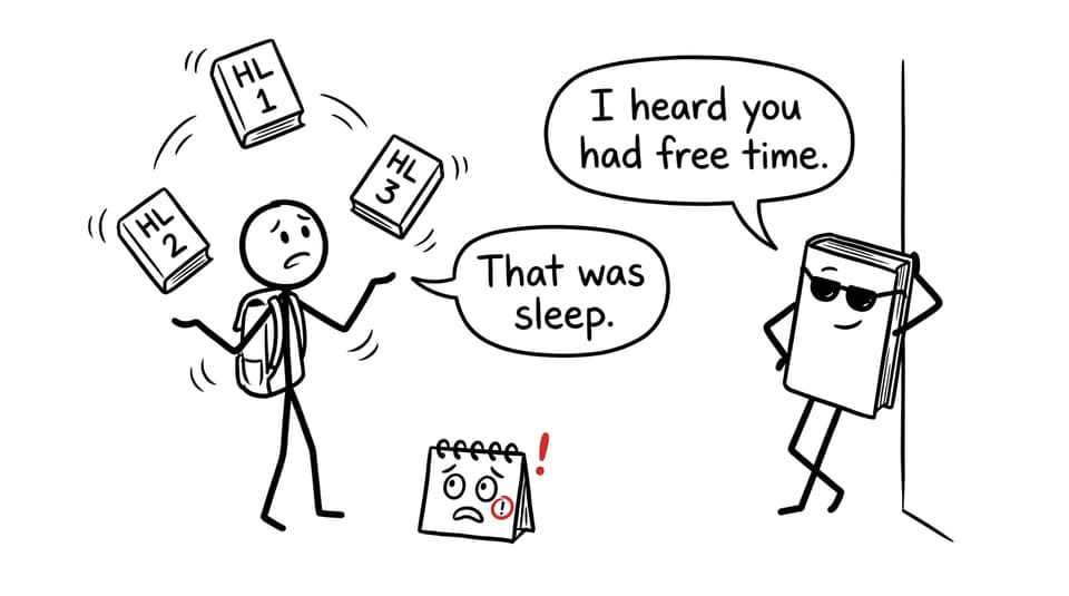 A comic about an IB student juggling three HL books while a fourth waits