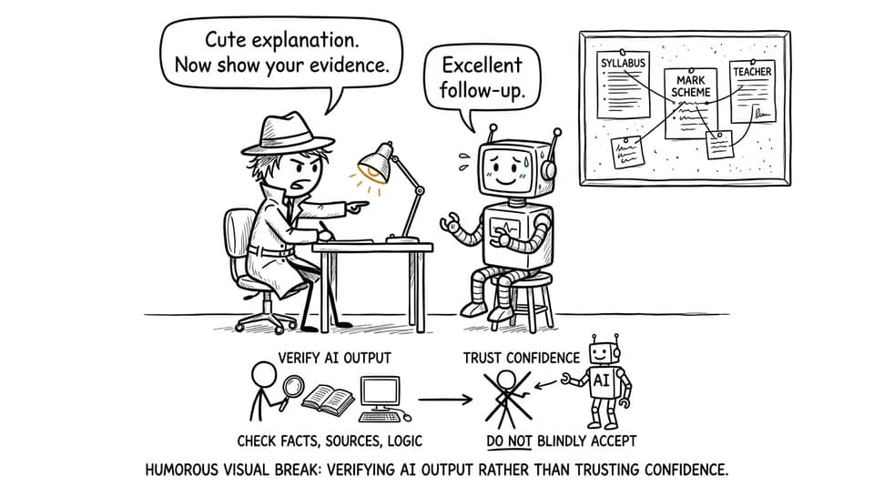 A student cross-examining a confident chatbot using a syllabus, mark scheme, and teacher