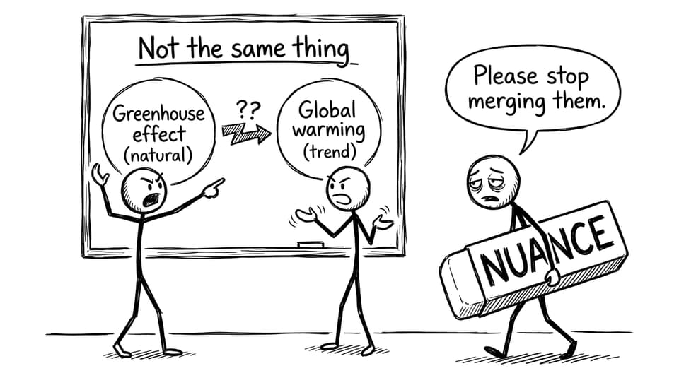 Two circles: greenhouse effect vs global warming